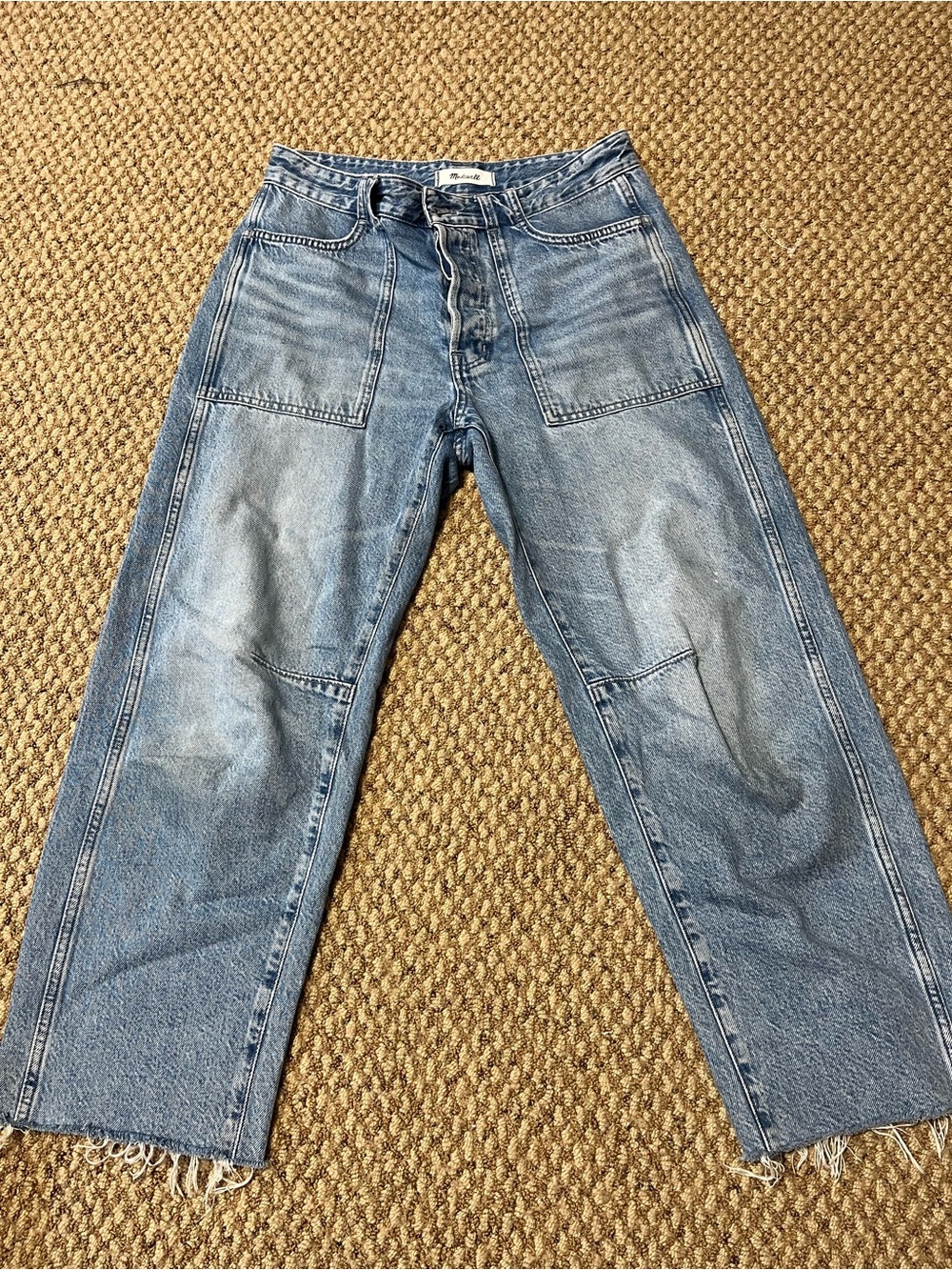 Madewell Darted Barrel leg denim jeans. Raw hem, hits at the ankle.